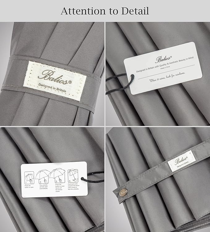 Balios Travel Folding Umbrella with Real Wood Handle Auto Open Close Vented Windproof Canopy - Designed in UK