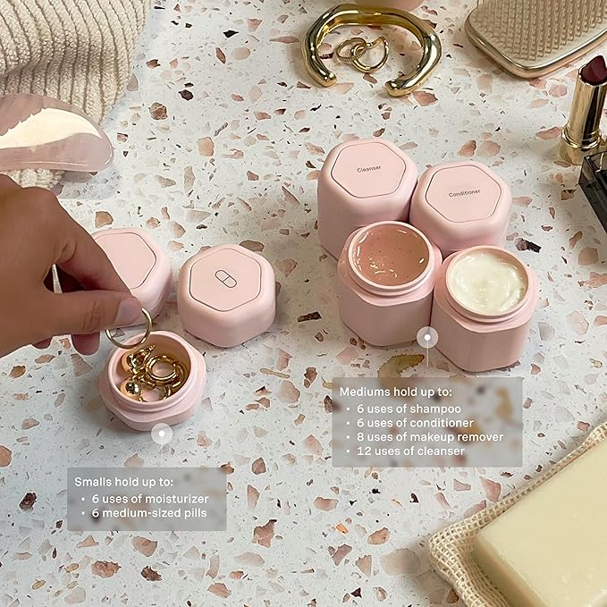 Cadence Travel Containers - Daily Routine Capsule Set - Magnetic Containers with Lids,4 Flex Mediums (1.32oz) & 3 Flex Smalls (0.56oz) - Shampoo, Conditioner, Body Wash, Pills, & More - Petal