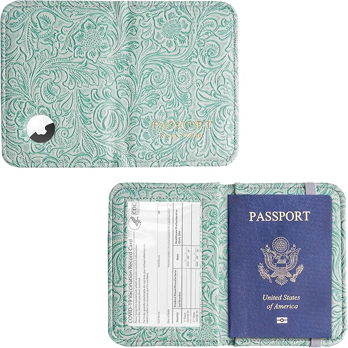 lizimandu Passport Holder with Airtag Slot, Airtag Passport Wallet for Men Women, Slim Leather Passport Holder Case Family for Travel Anti-Lost(1-Carved Green2)