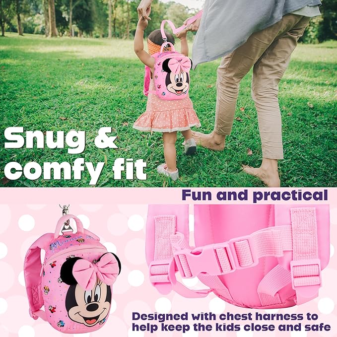Disney Minnie Mouse Mini Backpack with Toddler Safety Harness for Girls 9x8” Daycare Bag Backpack with Leash Preschool Outdoor Travel Gifts