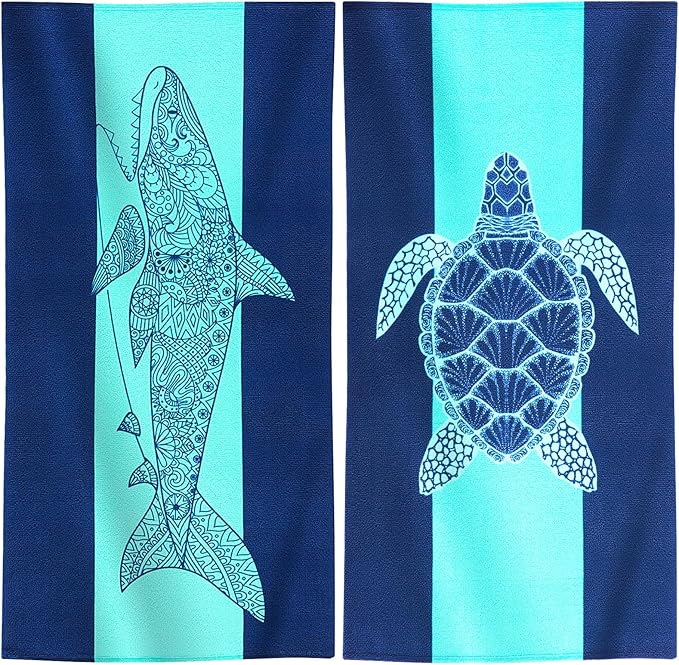 Genovega 2 Packs Oversized Beach Towel Set 36 x 72 in Large Big Pool Camping Swim Clearance Soft Towels Travel Essentials Accessories Must Haves Vacation Necessities Adult Gifts Shark Turtle