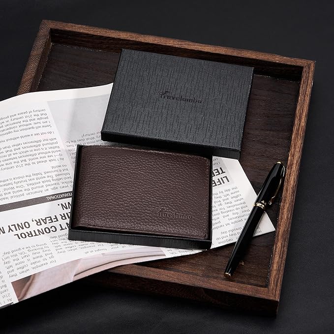 Travelambo Genuine Leather Wallet for Men with Gift Box - Handmade Bifold Stylish - Mens Wallets Rfid Blocking with 2 ID Windows