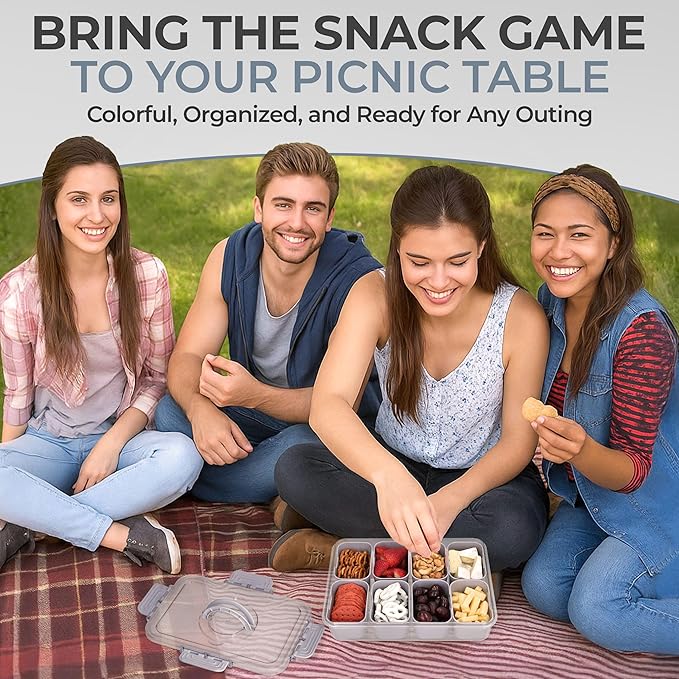 Snackle Box Container with Lid- Travel Charcuterie Box with Handle - Organizer for Candy, Fruit, Nuts, Veggies, Snacks, Beach Essentials, Portable Lunch Box (Grey, Large)