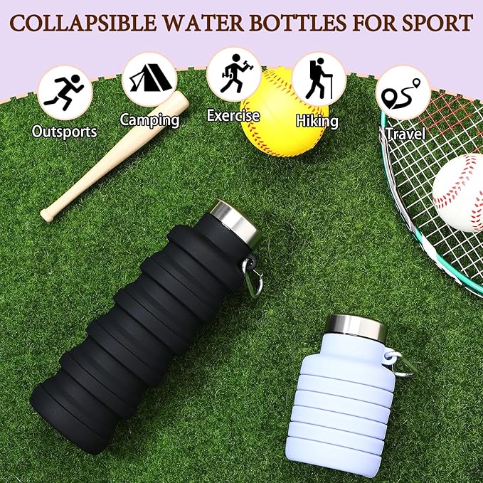 Baderke 2 Pcs Collapsible Water Bottles 17oz Silicone Travel Foldable Portable Water Bottle with Buckle Silicone Lightweight Reusable Leakproof for Camping Hiking Cycling Sport(Purple, Black)