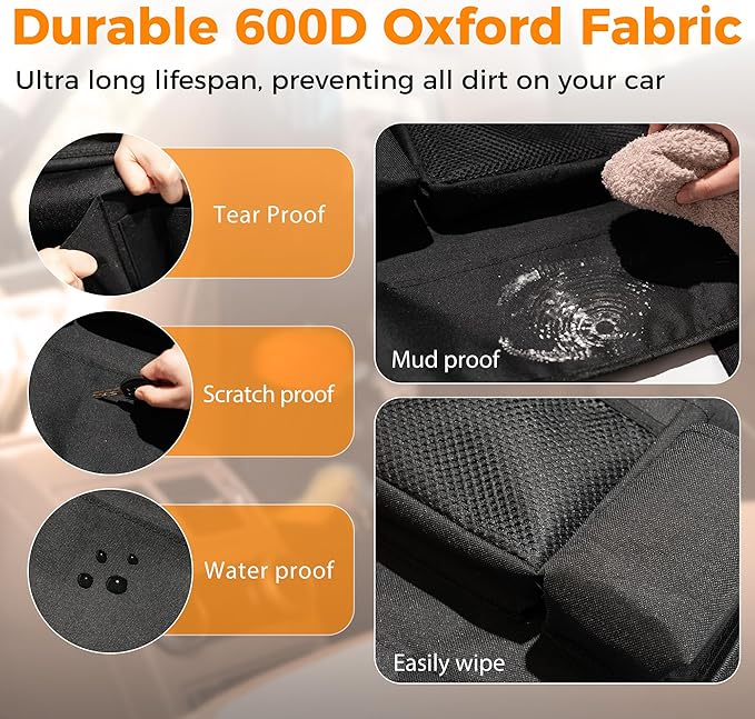 Backseat Car Organizer with Tray, 9 Storage Pockets Back Seat Protector with Foldable Tablet Holder, Waterproof Back of Seat Kick Mats for Kids Adult, Road Trip Essentials Travel Accessories, Black