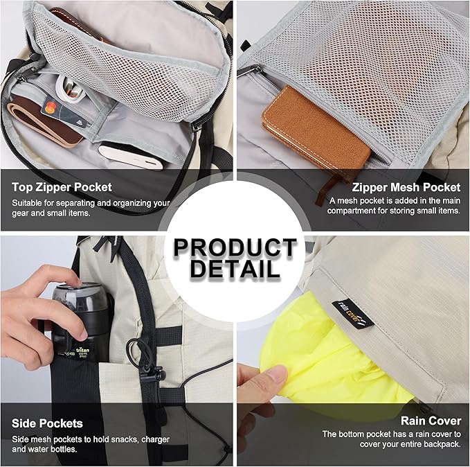 MOUNTAINTOP 35L Hiking Backpack, Lightweight Outdoor Travel Camping Daypack with Rain Cover for Men & Women（White）