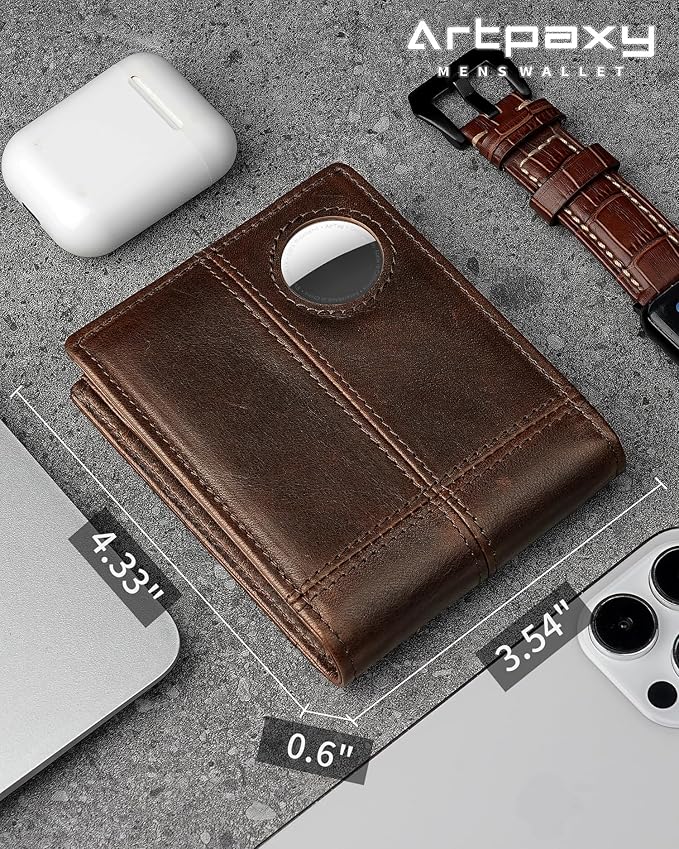 Mens Wallet With AirTag Holder, Bifold Leather RFID Blocking 1-2 ID Windows 12-13 Card Holders, Gift Box and Screen Protector Included, AirTag Not Included