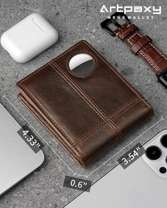 Mens Wallet With AirTag Holder, Bifold Leather RFID Blocking 1-2 ID Windows 12-13 Card Holders, Gift Box and Screen Protector Included, AirTag Not Included