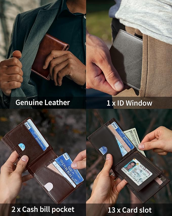 Artpaxy Mens Wallet Bifold Genuine Leather RFID Blocking Wallet for Men with 1 ID Windows 13 Card Holders 2 cash pockets 1 Gift Box