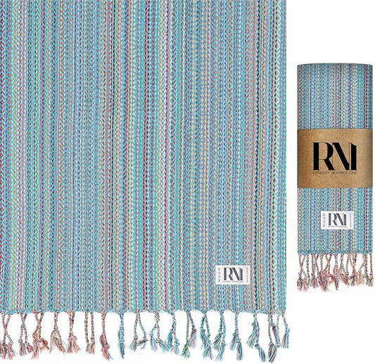 Refinery No. 1 Turkish Beach Towel, Nomad Weave, Oversized Quick Dry Lightweight, Sand Free, Pool and Swim Towel (Ocean Blue Multi-Colored Pattern)