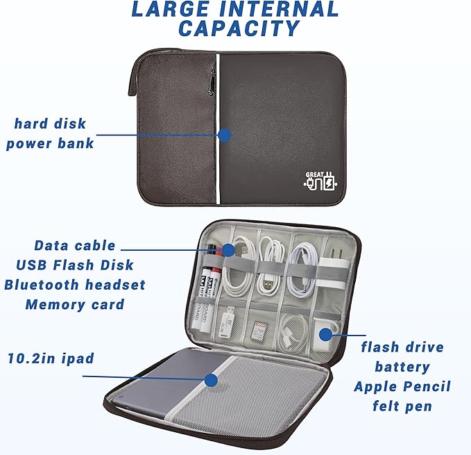 Electronics Organizer,Travel Cord Organizer Pouch, Portable Cable Organizer Bags, Waterproof Electronic Accessories Storage Case for Cables, Cords, Charger, Phone (Single Layer-Large-Brown)