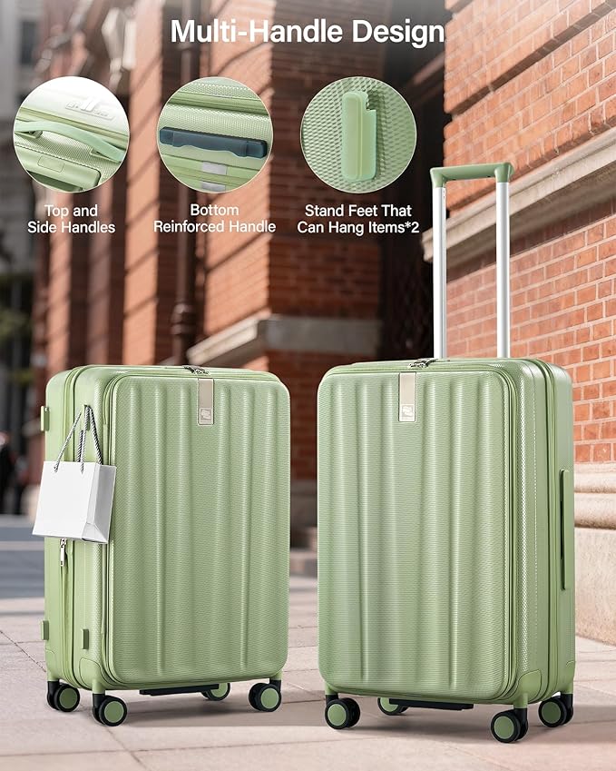 Hanke 24 Inch Expandable Luggage Top Opening Checked Bag Luggage Hard Shell Suitcases with Wheels Lightweight Travel Luggage Medium Suitcase with Lock for Woman Men-Bamboo Green