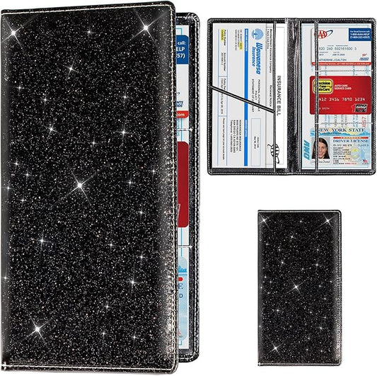 TOURSUIT Car Registration and Insurance Card Holder, Vehicle License Document Glove Box Compartment Organizer, Interior Car Accessories for Women Men Teens (Glitter Black)
