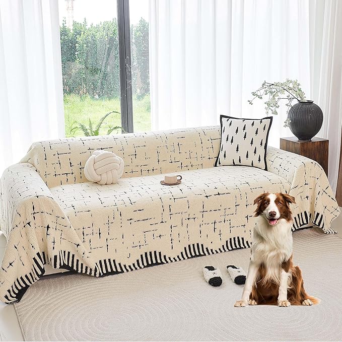 Sherpa Fleece Couch Cover for 3 Cushion Sofa, Beige, 71" x 134" - Pet Proof Sofa Covers Heavy Duty Scratch Resistant Pet Friendly Furniture Cover - Easy Install, Machine Washable
