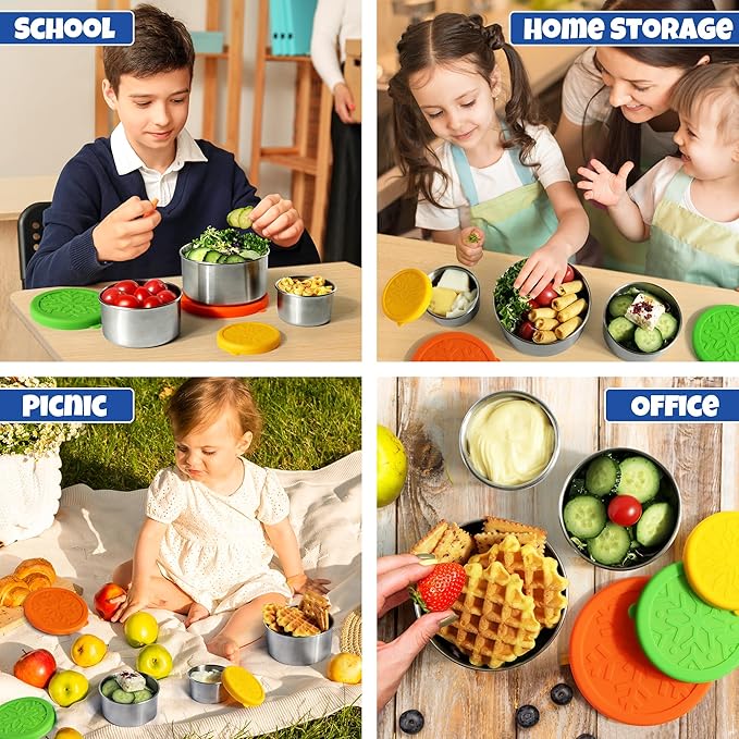Homotte 304 Stainless Steel Containers with Lids Small for Lunch Food/Snacks, Leak-Proof and Round Stainless Steel Food Storage Containers for Back to School Kids, 3 Pack Stackable (4oz, 8oz, 14oz)