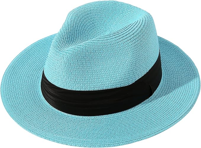 Lanzom Women Wide Brim Straw Panama Roll up Hat Fedora Beach Sun Hat UPF50+