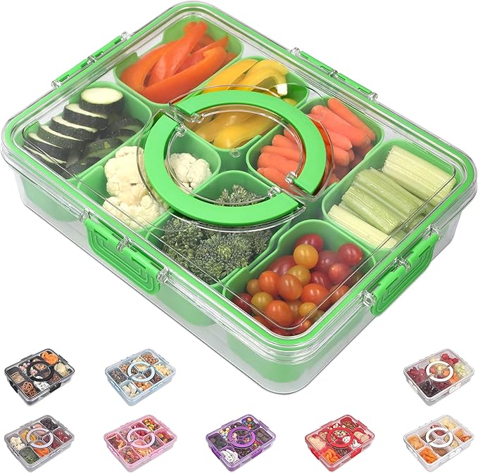 Snackle Box Container with Lid- Travel Charcuterie Box with Handle - Organizer for Candy, Fruit, Nuts, Veggies, Snacks, Beach Essentials, Portable Lunch Box (Green, Large)