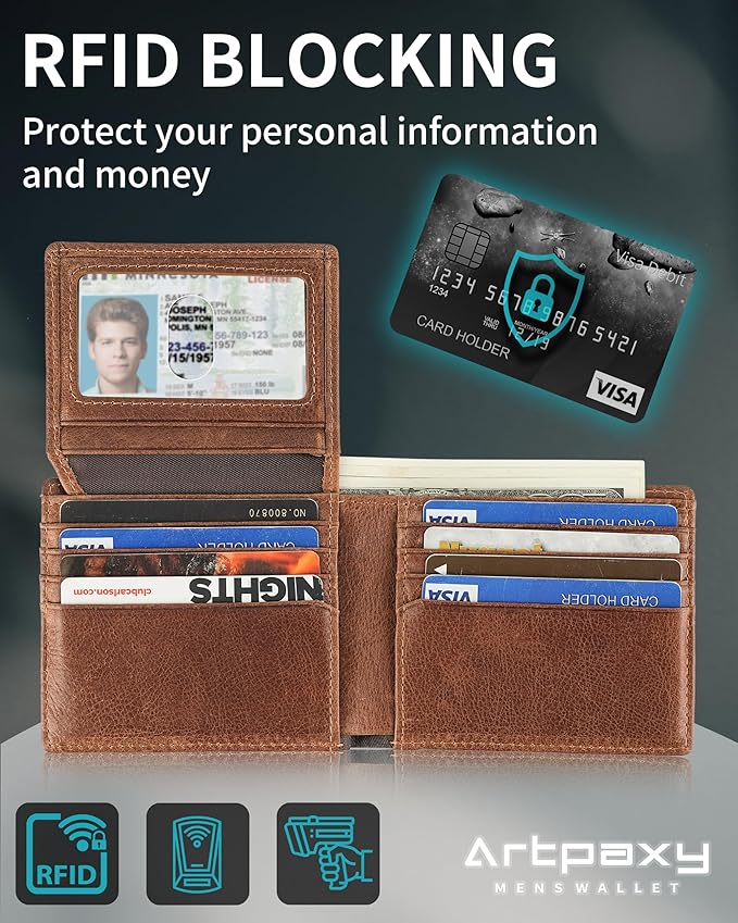 Artpaxy Mens Wallet Bifold Genuine Leather RFID Blocking Wallet for Men with 2 ID Windows 12 Card Holders 2 cash pockets 1 Gift Box