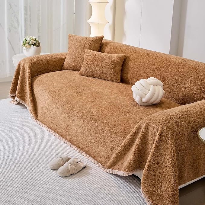 Sherpa Fleece Couch Cover for 2 Cushion Sofa, Brown, 71" x 118" – Pet Proof Sofa Covers, Heavy Duty, Scratch Resistant, Pet Friendly Furniture Cover – Easy Install, Machine Washable
