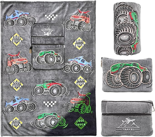 HWING Truck Travel Blanket Pillow - Glow in The Dark Kids Travel Blanket Airplane Compact with Bag - Boys Trucks Toys Gifts, Airplane Blanket for Long Flights, Outdoor, Car, Camping 40"*60"