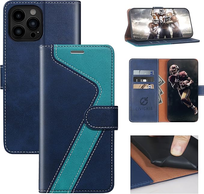 CIVICASE for iPhone 13 Pro Wallet Case,Leather Flip Case [RFID Blocking] Credit Card Holder Folio Magnetic Stand TPU Shockproof Cover Color Matching for iPhone 13 Pro (6.1") Blue Green