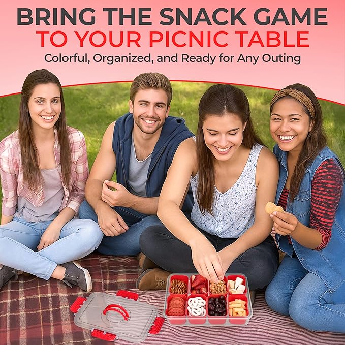 Snackle Box Container with Lid- Travel Charcuterie Box with Handle - Organizer for Candy, Fruit, Nuts, Veggies, Snacks, Beach Essentials, Portable Lunch Box (Red, Large)