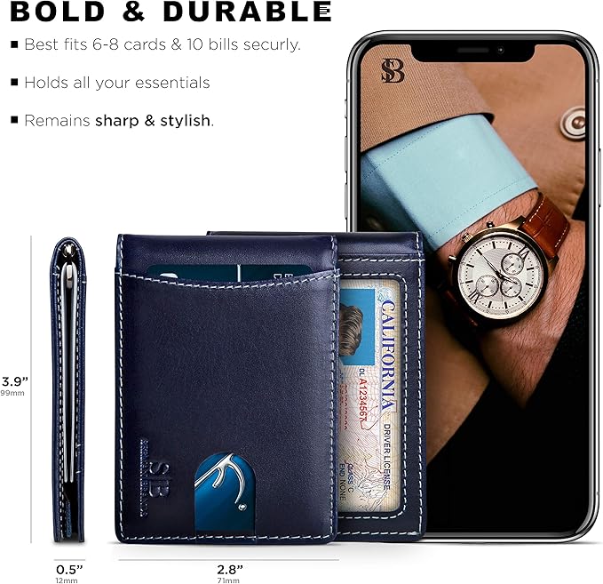SERMAN BRANDS RFID Blocking Slim Bifold Genuine Leather Minimalist Front Pocket Wallets for Men with Money Clip Thin Gift