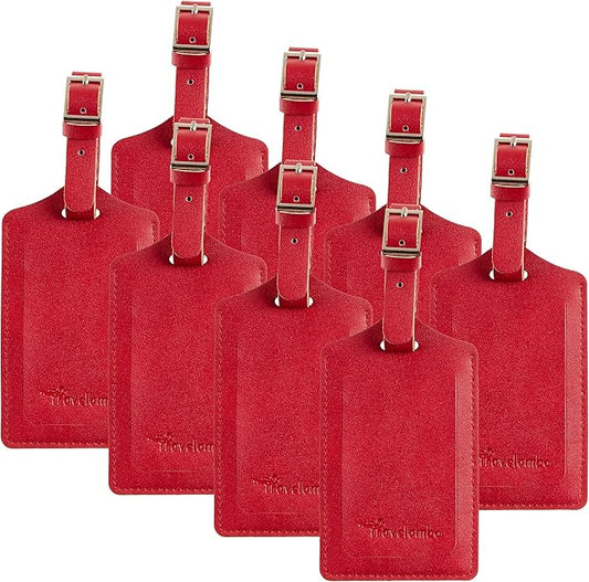 Travelambo 8 Pack Luggage Tags Faux Leather for Suitcases Travel Bag Labels Travel Accessories Essential with Protection Cover ID (Red Deep)