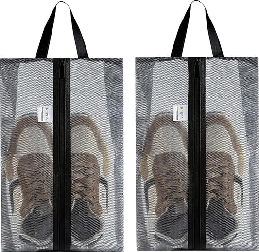 VUSIGN Plus-Sized Travel Shoe Bag, Water-Resistant Shoe Pouch for Gym and Sport, Odor-Resistant Soccer Cleats Bag (Gray, 2-Pack)