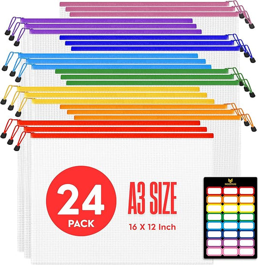 24 Pcs Mesh Zipper Pouch Bags A3 (16x12) Inches Large Waterproof, Reusable Zipper Bags for Board Game & Puzzle Storage, Classroom, Office & Organization, 8 Colors