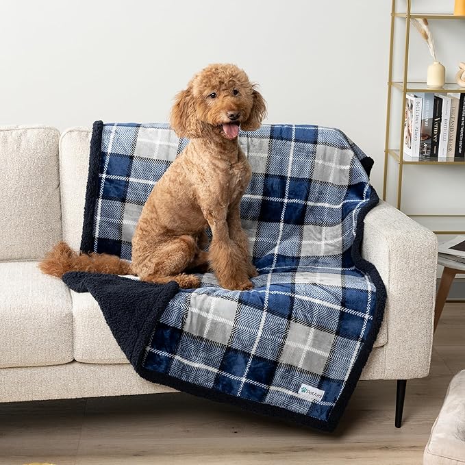 PetAmi Waterproof Dog Blanket for Small Medium Dog Puppy Cat Throw for Couch Cover Leakproof Protection, Sherpa Fleece, Reversible Soft Washable 29x40 Plaid Navy Blue