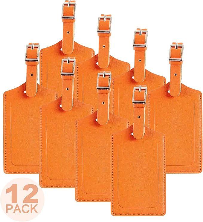 Travelambo 12 Pack Luggage Tags Faux Leather for Suitcases Travel Bag Labels with Protection Cover ID (Orange)