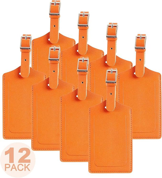 Travelambo 12 Pack Luggage Tags Faux Leather for Suitcases Travel Bag Labels with Protection Cover ID (Orange)