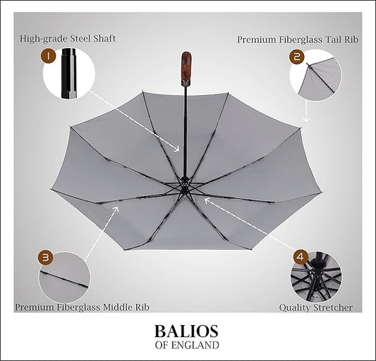 Balios Prestige Travel Folding Umbrella, Handmade Wood Handle, Auto Open & Close