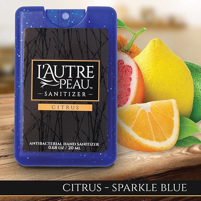 Antibacterial Travel Hand Sanitizer Spray with Aloe Vera by L’AUTRE PEAU - Unique Flat Credit Card Shape - Citrus Scented Mini Sparkle Pocket Size (Sparkle Black, Red, Blue, 6 Pack)