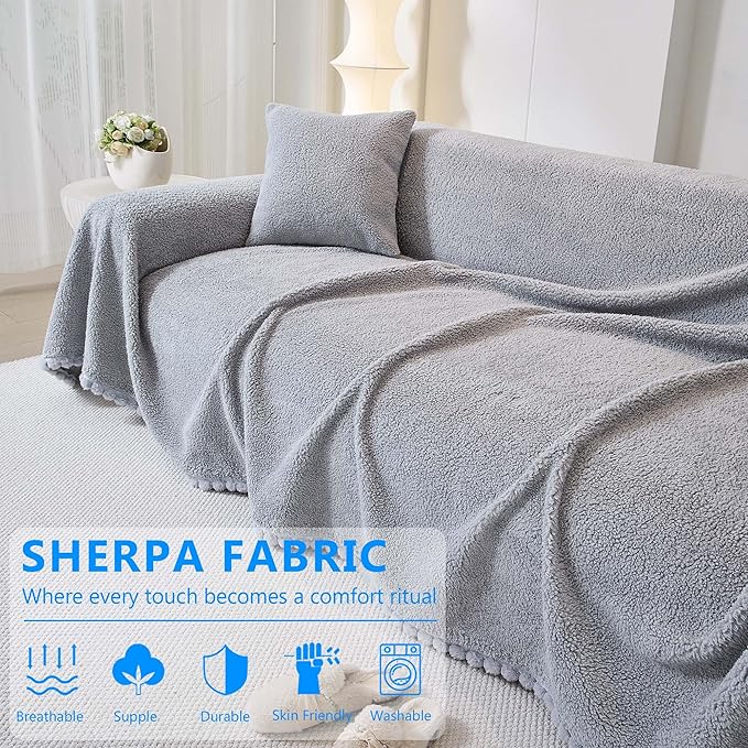 Sherpa Fleece Oversized Couch Cover for 3-4 Cushion Sofa, Grey 71" x 150" - Pet Proof Sofa Covers Heavy Duty Scratch Resistant Pet Friendly Furniture Cover - Easy Install, Machine Washable