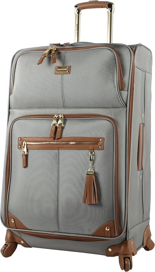 Steve Madden Designer Luggage - Checked Large 28 Inch Softside Suitcase - Expandable for Extra Packing Capacity - Lightweight Bag with Rolling Spinner Wheels (Harlo Gray)