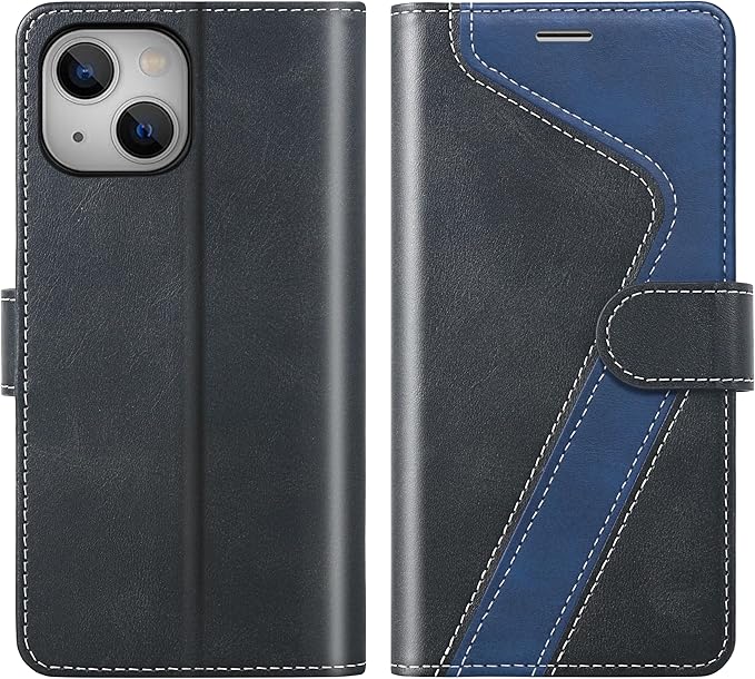CIVICASE for iPhone 14 Wallet Case,Leather Flip Case [RFID Blocking] Credit Card Holder Folio Magnetic Stand TPU Shockproof Cover Color Matching for iPhone 14 (6.1") Black Blue