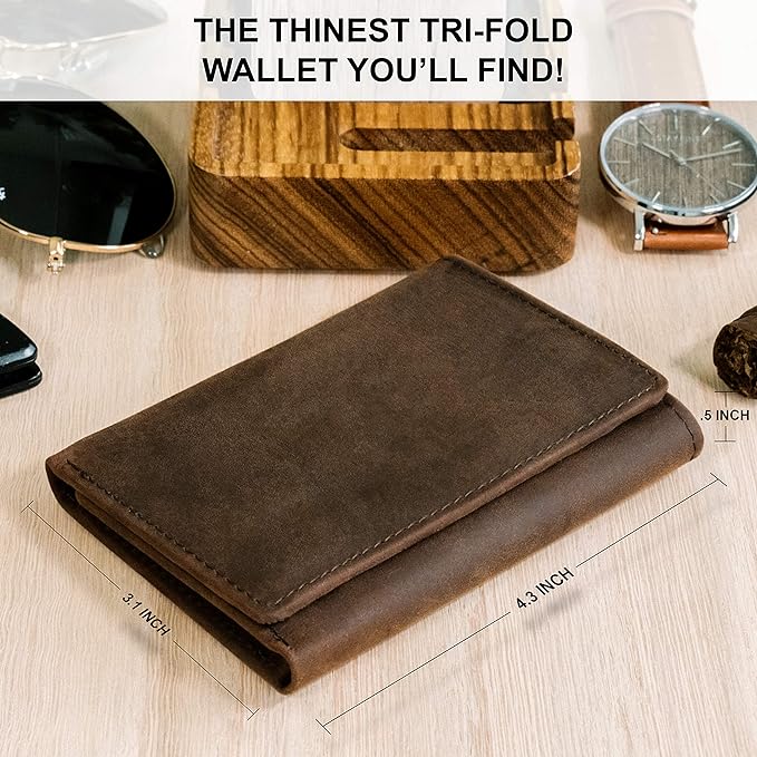 Top Grain Leather Trifold Wallet for Men | Ultra Strong Stitching | Handcrafted Argentinian Leather | RFID Blocking | Extra Capacity Trifold Wallet |Thin and Sophisticated Tri-Fold Design