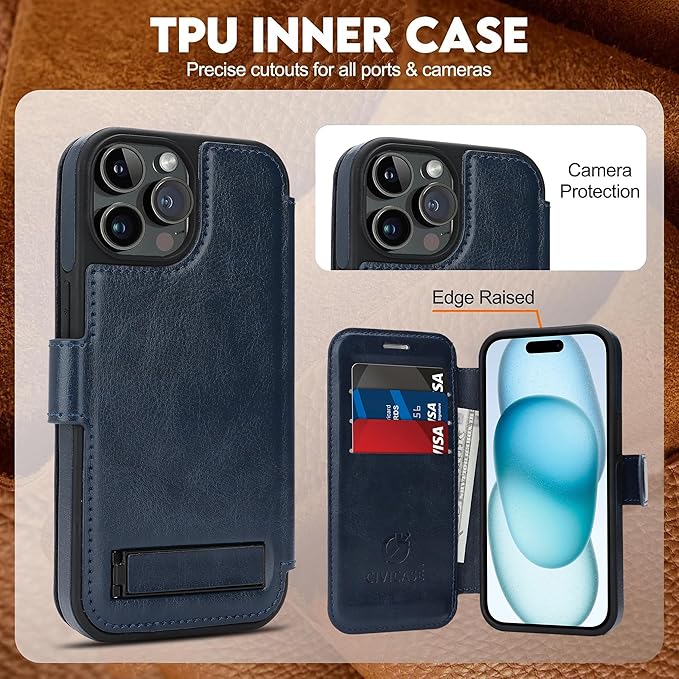CIVICASE for iPhone 15 Pro Max Wallet Case with Stand,PU Leather Flip Credit Card Holder Slots (RFID Blocking),Compatible with Magsafe Magnetic Holder Phone Cover Women Men,Blue