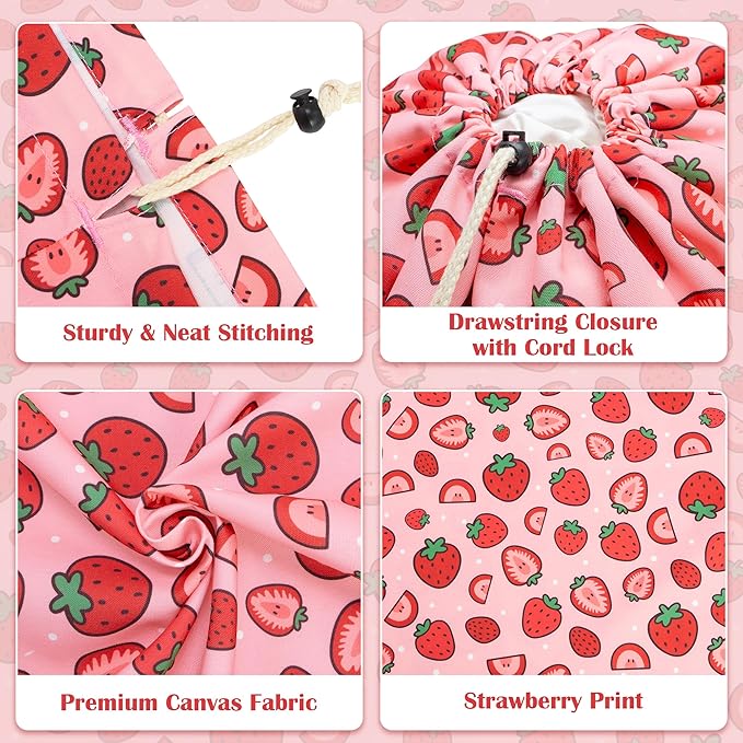 Canvas Laundry Bag with shoulder Strap 24" x 29", Large Drawstring Dirty Clothes Bag Washable Laundry Sack for College Dorm, Travel, Home, Camp (Strawberry)