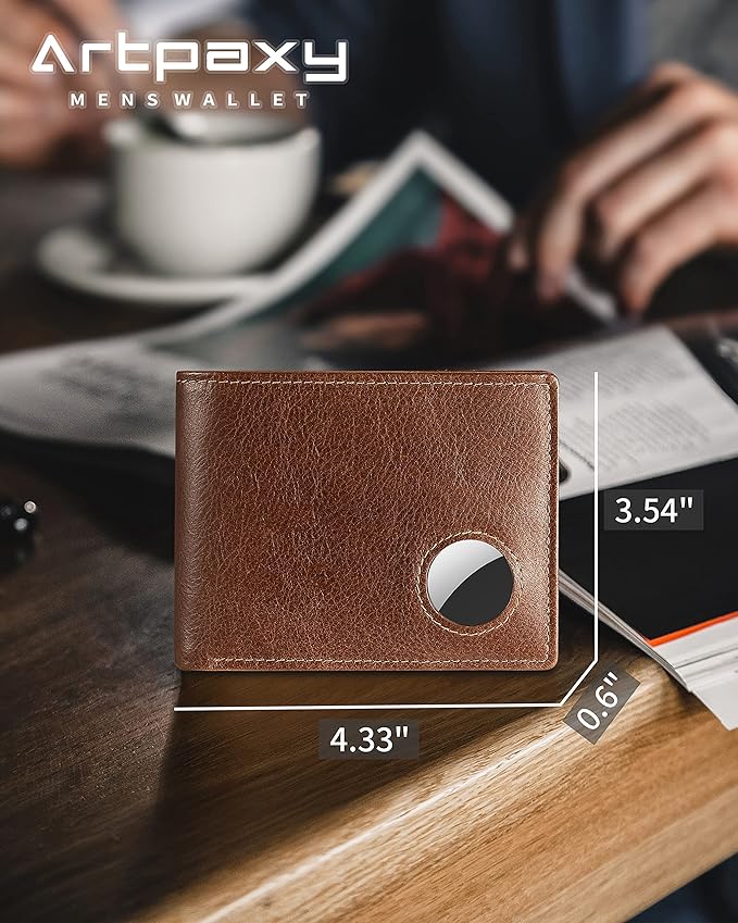 Mens Wallet With AirTag Holder, Bifold Leather RFID Blocking 1-2 ID Windows 12-13 Card Holders, Gift Box and Screen Protector Included, AirTag Not Included