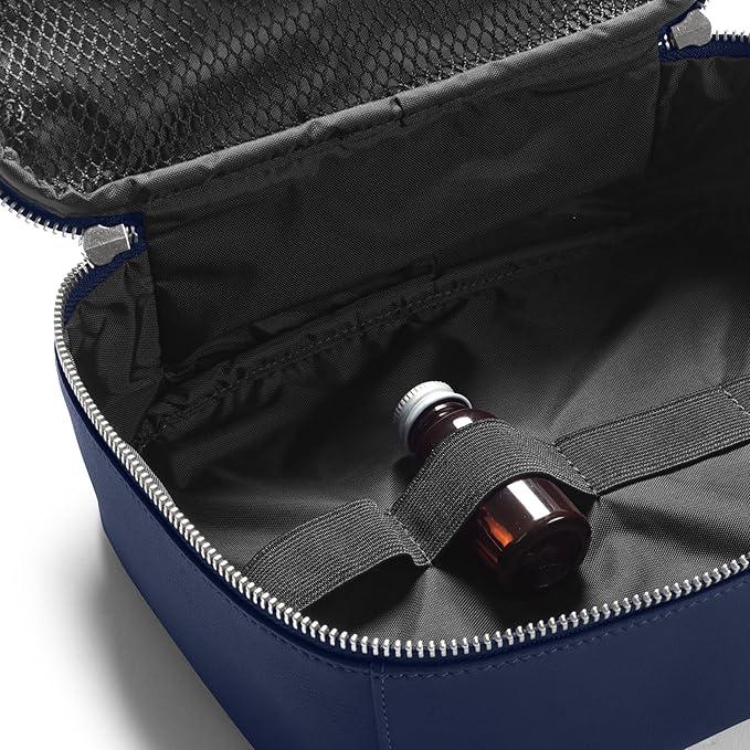 Leatherology Navy Blue Large Travel Organizer – Full-Grain Leather Toiletry Bag with Zipped Mesh Pocket, Elastic Loops & Double Metal Zipper – Travel Storage for Cables, Toiletries & Essentials