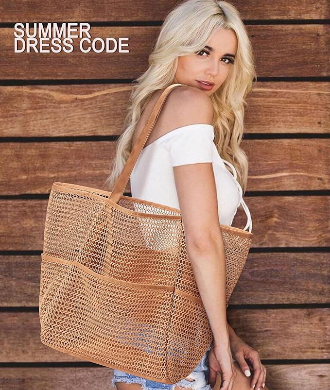 KALIDI BeachNylon Mesh Tote Bag, Casual Tote Bag Hobo Women Foldable MAX 23L Shoulder Bag For Beach Picnic Vacation