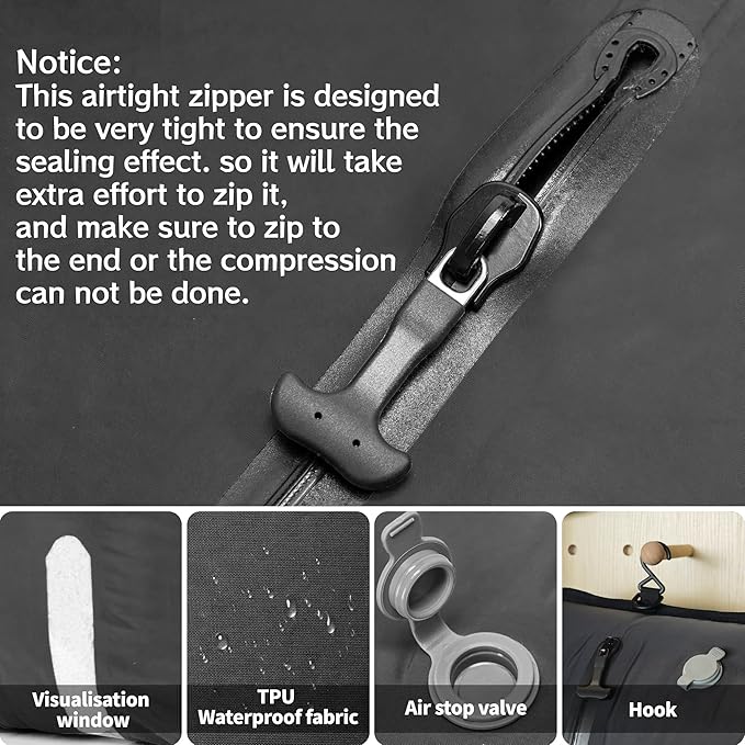 ONTYZZ Travel Vacuum Compression Bags Reusable Compression Bag with IP67 Waterproof Zipper Space Saver Vacuum Bags for Suitcase,One Pack Black（NO PUMP!）