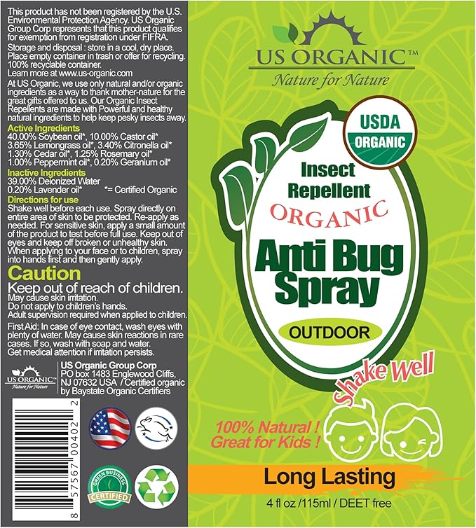 US Organic Mosquito Repellent Anti Bug Outdoor Pump Sprays, USDA Certification, Cruelty Free, Proven Results by Lab Testing, Deet-Free (4 oz - Value 2 Pack)
