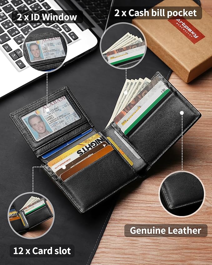 Artpaxy Mens Wallet Bifold Genuine Leather RFID Blocking Wallet for Men with 2 ID Windows 12 Card Holders 2 cash pockets 1 Gift Box