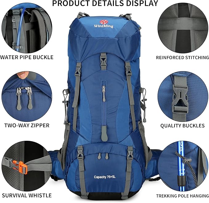 75L Hiking Backpack with Rain Cover Waterproof Camping Backpack Shoes Warehouse for Men Women, Frameless