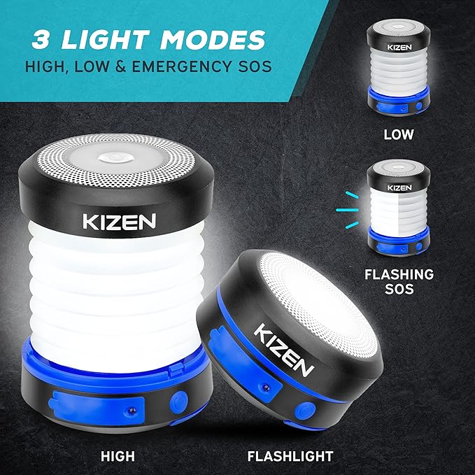 Kizen Solar Camping Lantern Rechargeable - LED Lanterns for Power Outages, & Camping Lights - Collapsible & Rechargeable Lamp with Solar or Plug - Hiking Gear