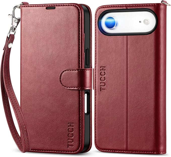TUCCH Case Wallet for iPhone Air (6.5-Inch) 2025, Wrist Strap | Stand | RFID Blocking | 4 Card Holders | TPU Shockproof Inner Shell | PU Leather | Magnetic Folio Cover | Dark Red